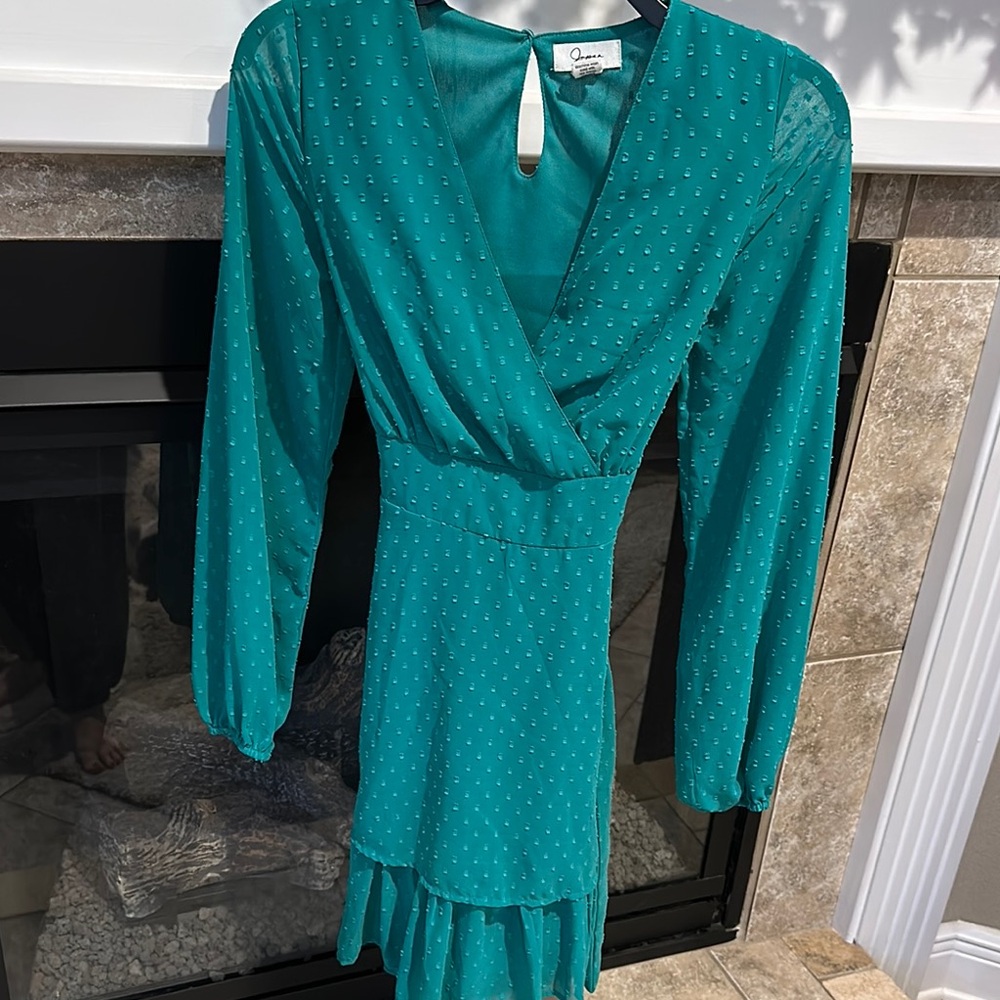 Japna Green Wrap Ruffled Cocktail Dress
